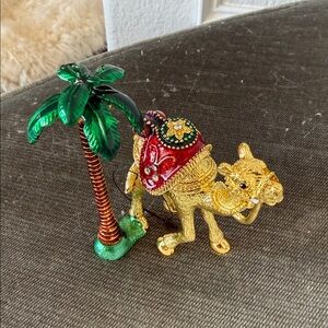 Decorative Gold Camel Figurine with Red Saddle and Green Palm - Home Accents